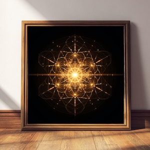 May include: A framed print featuring a geometric design with a central bright light and radiating lines. The artwork is in shades of gold and yellow against a black background, encased in a brown wooden frame.