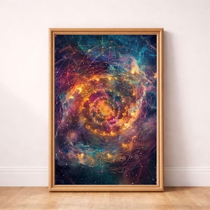 May include: A framed art print depicting a colourful galaxy. The image shows a spiral of warm hues, such as gold, orange, and purple, set against a background of blues and greens. The print is in a light brown wooden frame, ideal for home decoration.