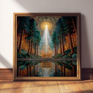 Könnte beinhalten: Ein gerahmter Kunstdruck zeigt eine Waldszene mit hohen Bäumen und einem reflektierenden See. Ein helles Licht scheint von oben herab und beleuchtet eine goldene Struktur. Das Kunstwerk ist in einem dunkelbraunen Holzrahmen gerahmt.