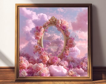 Celestial Mirror Art Print • Pink Cloud Roses Wall Art • Dreamy Coquette Decor • Surreal Fantasy Sky Print • Feminine Aesthetic Poster