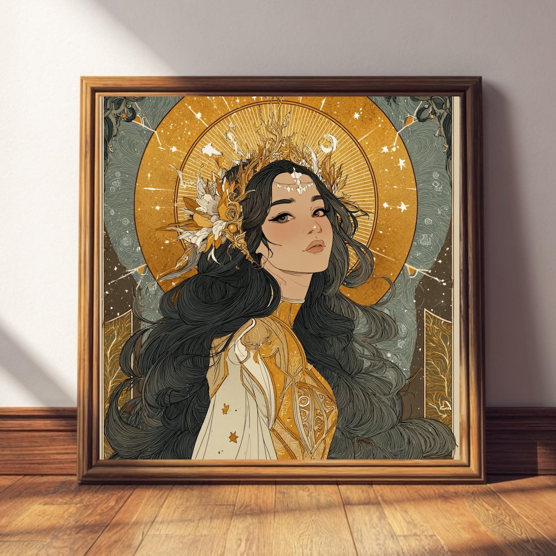Celestial Moon Goddess Art Print – Golden Aura, Ethereal Divine ...