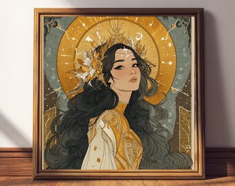 May include: A framed art print featuring a stylized portrait of a woman with long, dark hair and a golden crown. The artwork has a celestial theme, with a golden halo and star details. The color palette includes gold, beige, and muted blue tones.