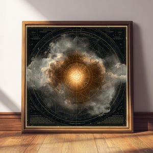 May include: A framed print with a celestial map design. The artwork features a central burst of golden light surrounded by swirling clouds and intricate circular patterns. The frame is a warm brown colour, adding to the vintage aesthetic.