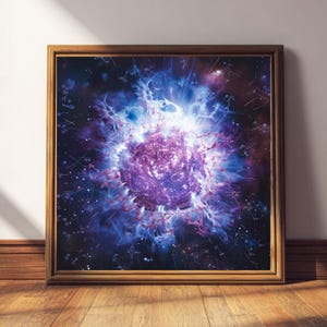 May include: A framed square print depicting a celestial body. The artwork shows a central purple sphere radiating energy, surrounded by blue and purple nebulas and constellations. The wooden frame adds a classic touch.
