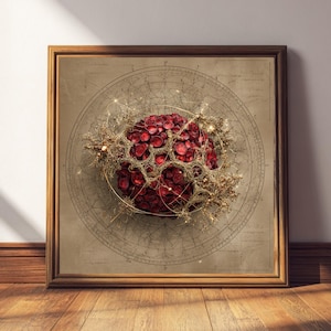 May include: A framed artwork featuring a spherical arrangement of deep red elements, possibly flowers or berries, intertwined with gold-colored accents and tiny lights. The background is a vintage map design, all within a wooden frame.