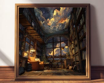 Celestial Library Art Print – Fantasy Book Nook, Cosmic Sky