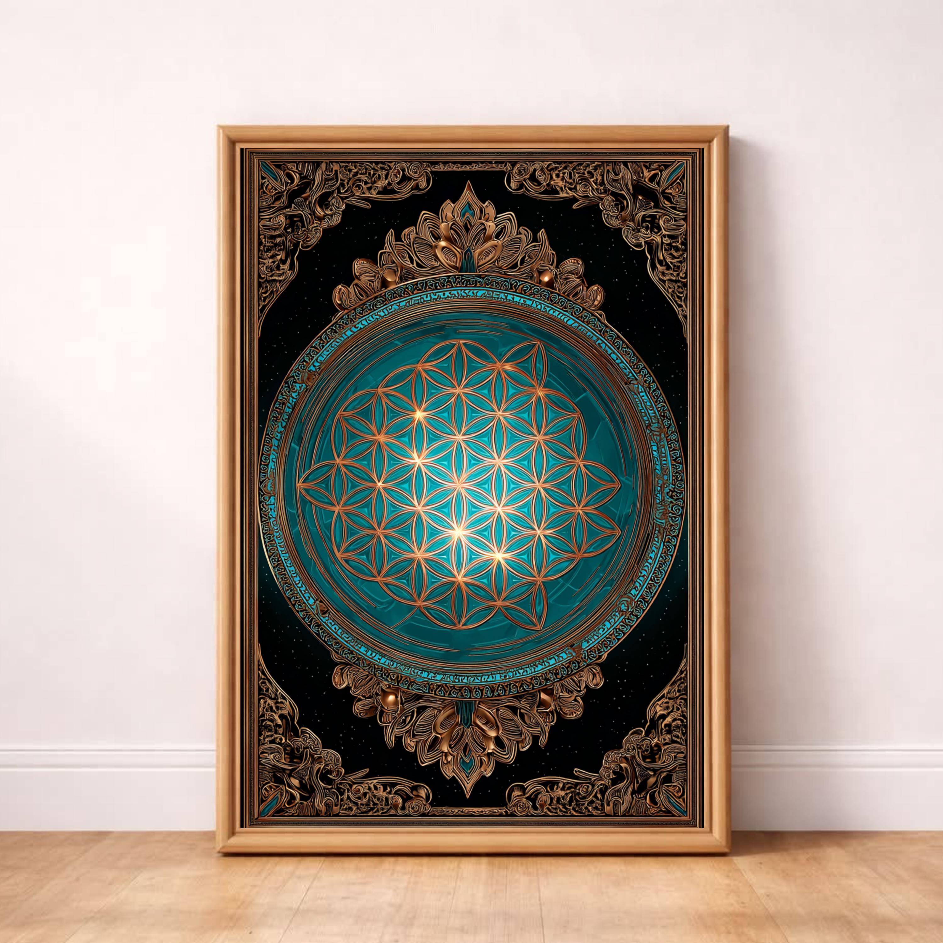Flower of Life Wall Art Print, Teal Sacred Geometry Decor, Copper Blue ...