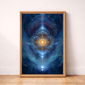 May include: A framed print with a complex, symmetrical design in blue, gold, and yellow hues. The artwork has a celestial or spiritual theme, with detailed patterns and a central, radiant focal point. The frame is made of wood.
