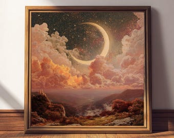 Puede incluir: Pintura de paisaje enmarcada que representa una escena celestial con una luna creciente, estrellas y nubes esponjosas en tonos naranja, rosa y dorado. La obra presenta una cordillera y un castillo, todo dentro de un marco de madera.