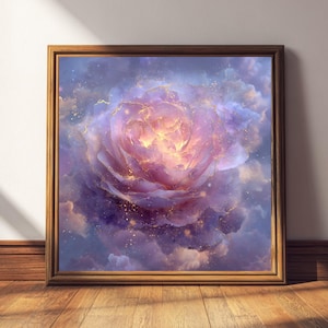 May include: A framed art print featuring a large, stylized rose in shades of purple, pink, and gold. The floral design is set against a cloudy, ethereal background. The artwork is enclosed in a wooden frame, adding a touch of warmth.