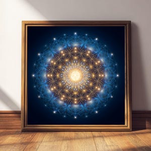 May include: A framed print featuring a symmetrical, glowing mandala design. The artwork showcases a central golden core radiating outwards with intricate blue and white patterns. The wooden frame adds a classic touch to the spiritual art piece.