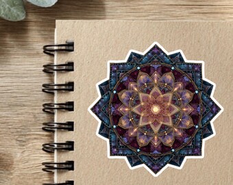 May include: A circular sticker featuring a complex mandala design with a central glowing gold point, surrounded by layers of deep purple, violet, and dark blue geometric petals. The intricate pattern includes small light blue dots and gold accents.