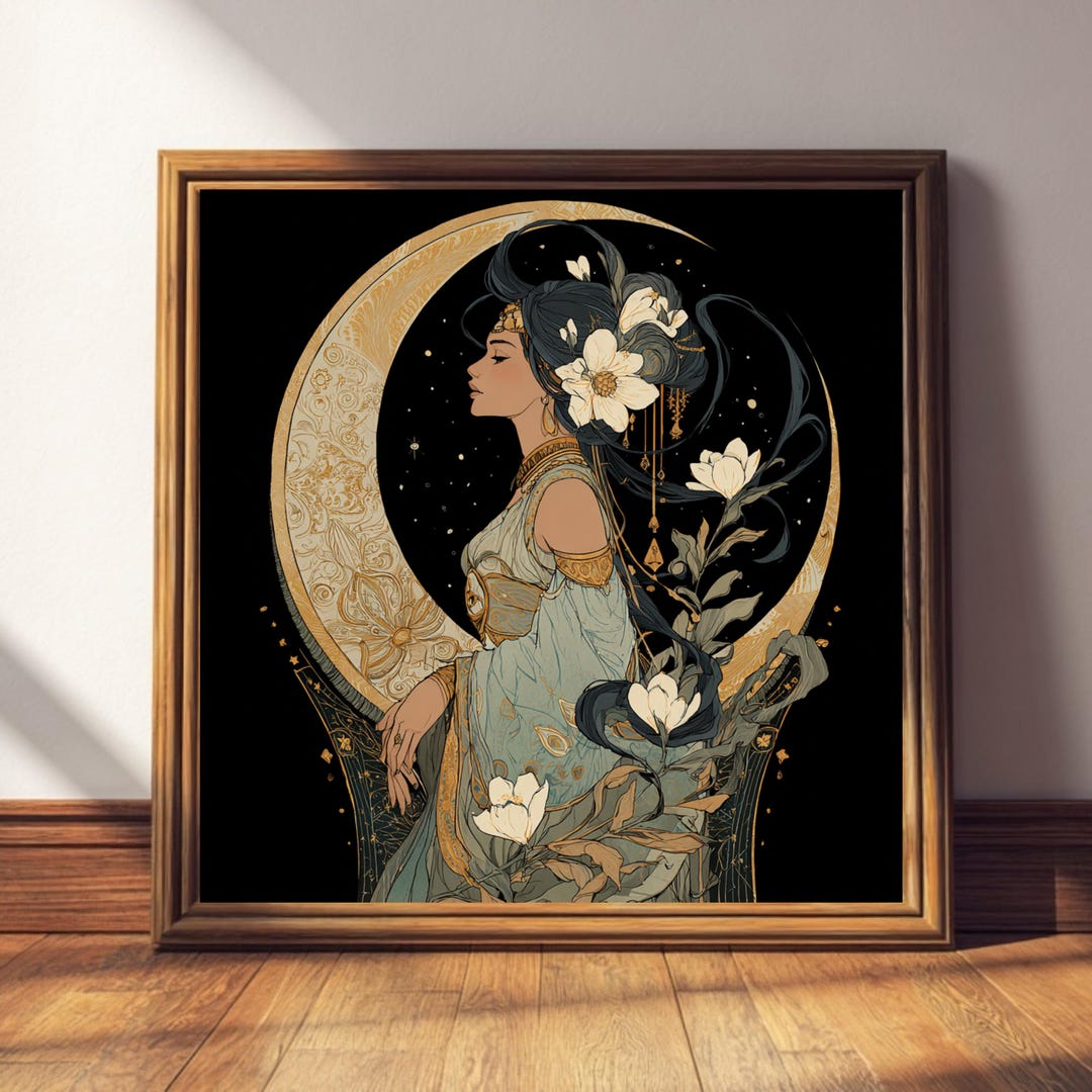 Moon Goddess Art Print • Celestial Divine Feminine Wall Decor • Gold ...