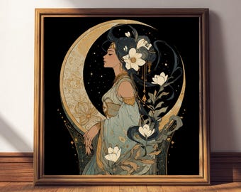 Moon Goddess Art Print • Celestial Divine Feminine Wall Decor • Gold Lunar Goddess Illustration • Mystical Moon Art • Ethereal Home Decor