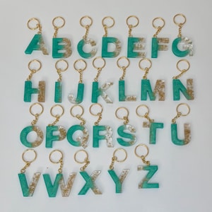 Może przedstawiać: Zestaw breloków z literami alfabetu. Każda litera jest turkusowa i złota, ze złotym brelokiem. Litery są ułożone w rzędach i kolumnach, prezentując cały alfabet.