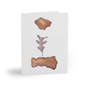 Pode incluir: Um cartão branco com três ilustrações em aquarela de elementos naturais. As imagens superior e inferior são formas marrons texturizadas, e a imagem do meio é uma folha marrom detalhada.