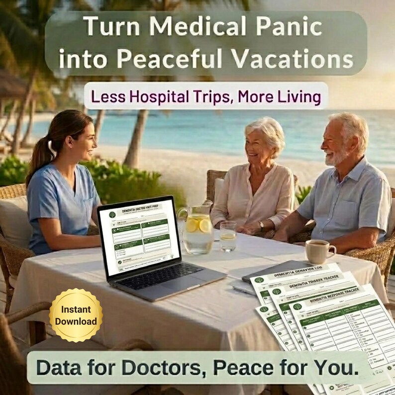 May include: A laptop displaying a medical form sits on a table with printed trackers. Text reads: Turn Medical Panic into Peaceful Vacations, Less Hospital Trips, More Living, Instant Download, and Data for Doctors, Peace for You.