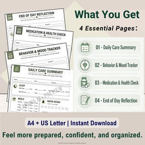 May include: A set of four printable caregiver tracking pages including Daily Care Summary, Behavior & Mood Tracker, Medication & Health Check, and End of Day Reflection. The documents feature sections for tracking sleep, meals, water intake, and notes in A4 and US Letter sizes.