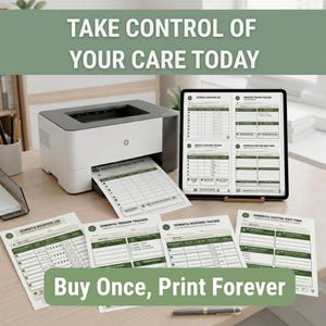 May include: A white printer sits on a desk next to a tablet displaying four dementia care tracking forms. Printed copies of the Dementia Behavior Log, Trigger Tracker, Response Tracker, and Doctor Visit Prep forms are spread out on the desk surface.