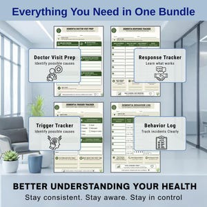 May include: A four-page dementia care bundle featuring a Doctor Visit Prep, Response Tracker, Trigger Tracker, and Behavior Log. Each page includes structured fields for tracking health information, symptoms, and daily observations for care management.
