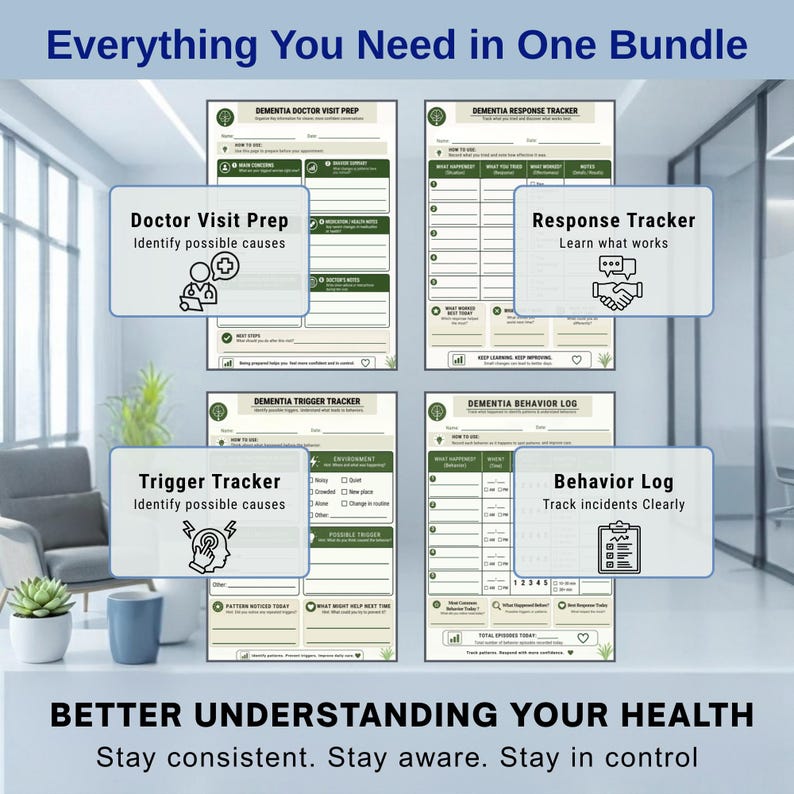May include: A four-page dementia care bundle featuring a Doctor Visit Prep, Response Tracker, Trigger Tracker, and Behavior Log. Each page includes structured fields for tracking health information, symptoms, and daily observations for care management.