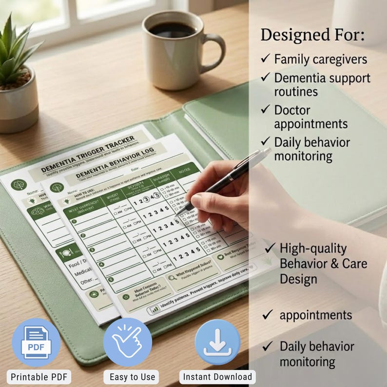 May include: A dementia trigger tracker and behavior log printed on white paper, placed inside a sage green folder. The document features sections for date, time, severity, and notes. A black pen rests on the paper. Text includes "Designed For: Family caregivers, Dementia support routines, Doctor appointments, Daily behavior monitoring."