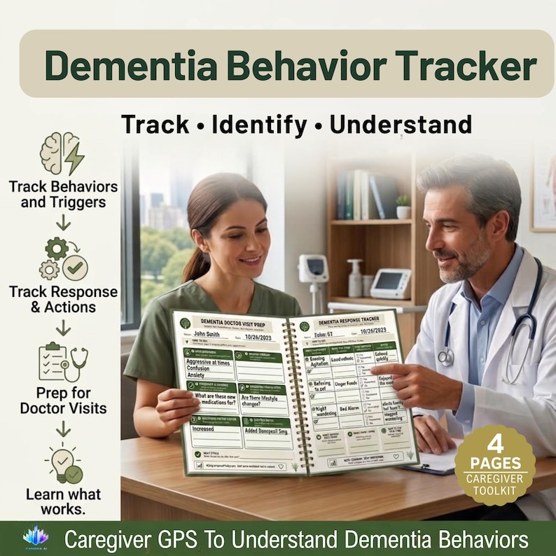 May include: A spiral-bound Dementia Behavior Tracker logbook featuring sections for doctor visit preparation and response tracking. The cover displays the text Dementia Behavior Tracker, Track, Identify, Understand, and a 4 Pages Caregiver Toolkit badge.