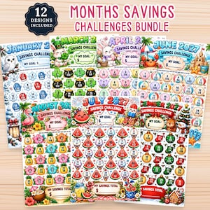 May include: A 12-month savings challenge bundle featuring colorful, themed printable sheets for each month. Each page includes a specific monthly title, a goal line, and various illustrated icons like snow owls, bunnies, crabs, and watermelons with dollar amounts.