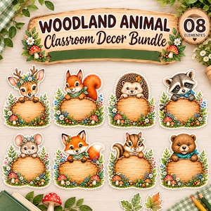 May include: A woodland animal classroom decor bundle featuring eight die-cut signs with a deer, squirrel, hedgehog, raccoon, mouse, fox, chipmunk, and bear. Each animal rests on a wooden plaque surrounded by flowers, leaves, and red mushrooms.