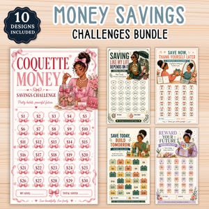 May include: A digital bundle of 10 money savings challenge trackers featuring illustrated characters and decorative elements. The sheets include text such as Coquette Money, Saving Like My Life Depends On It, Save Now Thank Yourself Later, and Reward Your Future.
