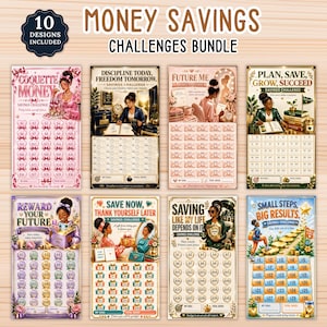 Pode incluir: Um pacote digital de 10 rastreadores de desafios de poupança com vários temas ilustrados, incluindo Coquette Money, Discipline Today, Future Me, Plan Save Grow Succeed, Reward Your Future, Save Now, Saving Like My Life Depends On It e Small Steps.