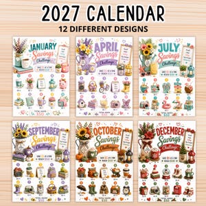以下が含まれることがあります： 12種類の月間貯金チャレンジデザインが特徴の2027年カレンダー。各ページには季節のイラスト、進捗を追跡するための番号付きアイコン、および各月の目標に対する「Save $5 at a time reach $50」というテキストが表示されています。