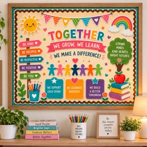 May include: A framed classroom bulletin board poster featuring the text TOGETHER WE GROW, WE LEARN, WE MAKE A DIFFERENCE! with colorful illustrations of a sun, rainbow, paper dolls, a tree, and signs with positive messages like BE KIND.