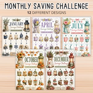 May include: A set of 12 monthly savings challenge sheets featuring seasonal illustrations for January, April, July, October, and December. Each sheet includes a grid of numbered icons to track savings goals, with text labels for each month and challenge.