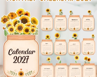 2027 Sunflower Desk Calendar Printable | Monthly Floral Calendar | Sunflower Desk Calendar | Mason Jar Calendar PDF | Digital Download