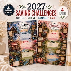 May include: Two 2027 Saving Challenges sheets featuring seasonal illustrations. The left sheet displays winter, spring, and summer scenes with monthly calendars for January through March. The right sheet shows spring and summer with calendars for April through June.