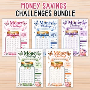May include: A Money Savings Challenges Bundle featuring five printable sheets with a jar illustration, each labeled Money Challenge with a 250 dollar goal. The sheets include heart-shaped icons for tracking savings, butterfly accents, and instructions.
