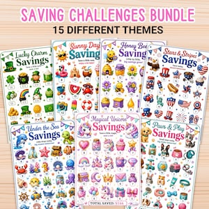 May include: A collection of six printed savings challenge sheets featuring various themes including Lucky Charm, Sunny Day, Honey Bee, Stars & Stripes, Under the Sea, Magical Unicorn, and Paws & Play, each with colorful icons and numerical values.