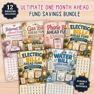 May include: A collection of 12 fund savings bundle trackers featuring illustrated designs for internet, gas, phone, electric, and water bills. Each sheet includes a goal section, a savings tracker with icons, and text prompts for financial planning.
