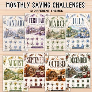 May include: A collection of eight monthly savings challenge cards featuring seasonal illustrations for January through December. Each card displays a month name, a savings challenge title, and circular icons to track progress with a $3 total.