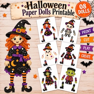 Peut inclure: Un ensemble de poupées en papier d'Halloween comprenant huit personnages dont une sorcière, un squelette, un fantôme, un chat et un monstre. La collection imprimable inclut des membres et accessoires pour chaque figurine, décorés d'étoiles et lunes.