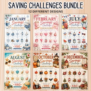 Puede incluir: Un paquete digital de 12 hojas de retos de ahorro mensuales con ilustraciones estacionales. Cada hoja incluye iconos numerados para colorear, una meta mensual de 80 $ y el texto Saving Challenges Bundle, 12 Different Designs.