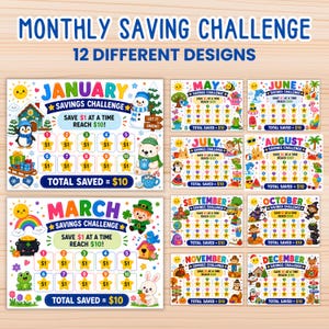 Puede incluir: Un conjunto de 12 hojas de desafío de ahorro mensual con ilustraciones coloridas para cada mes. Cada hoja incluye una cuadrícula de 10 estrellas numeradas marcadas con $1, con el texto 'Save $1 at a time reach $10!' y 'Total saved = $10' impreso.