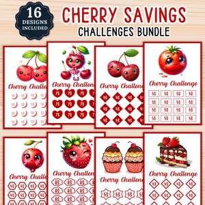 Puede incluir: Un paquete digital de 16 desafíos de ahorro Cherry Savings con varias hojas imprimibles que muestran ilustraciones de cerezas, fresas y cupcakes rojos. Cada hoja incluye el texto Cherry Challenge y cuadrículas con signos de dólar para registrar ahorros.