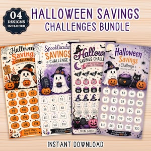 May include: A bundle of four Halloween savings challenge trackers featuring ghosts, black cats, pumpkins, and cauldrons. Each sheet includes numbered circles for tracking financial progress with festive graphics and text like Halloween Savings Challenge.