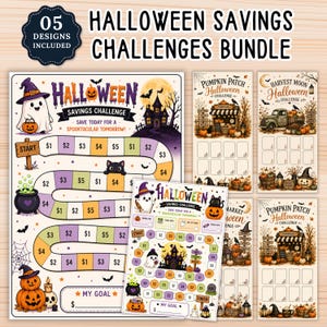 Puede incluir: Un paquete de cinco hojas de desafío de ahorro con temática de Halloween que incluyen caminos de juegos coloridos, ilustraciones de calabazas, fantasmas, gatos negros y casas embrujadas. El texto incluye Halloween Savings Challenges Bundle y Save Today For A Spooktacular Tomorrow.