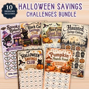 Puede incluir: Un paquete de rastreadores de ahorro con temática de Halloween que incluye diseños con ilustraciones de gatos, fantasmas, calabazas y lápidas. Cada hoja contiene montos para registrar ahorros, con textos como Spooky Bakery Savings, Black Cat Savings Club, Boo Crew Ghost Fun, Haunted Savings Challenge y Pumpkin Patch Fund.