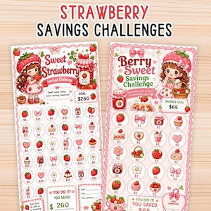 Può includere: Due tracker di risparmio rettangolari in carta con temi a fragola. Il foglio a sinistra è intitolato Sweet Strawberry Savings Challenge con un obiettivo di 260 $. Il foglio a destra è Berry Sweet Savings Challenge con un obiettivo di 65 $.