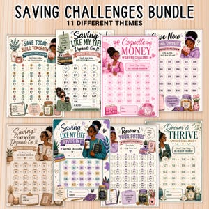 Könnte beinhalten: Ein Bündel aus elf druckbaren Spar-Challenge-Blättern mit verschiedenen Themen, Illustrationen von Personen und nummerierten Kreisen zur Verfolgung finanzieller Ziele. Jedes Blatt enthält Texte wie Saving Like My Life Depends On It und Coquette Money.