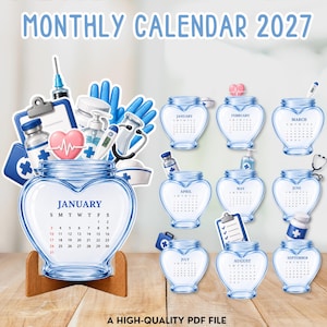 May include: A 2027 monthly calendar set featuring heart-shaped glass jars with medical illustrations. Each jar displays a month, dates, and icons like stethoscopes, syringes, and pill bottles. The set includes a wooden stand and a high-quality PDF file.